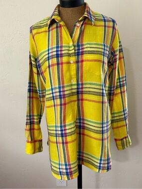 Lauren Ralph Lauren yellow plaid 100% linen long sleeve boyfriend shirt Medium